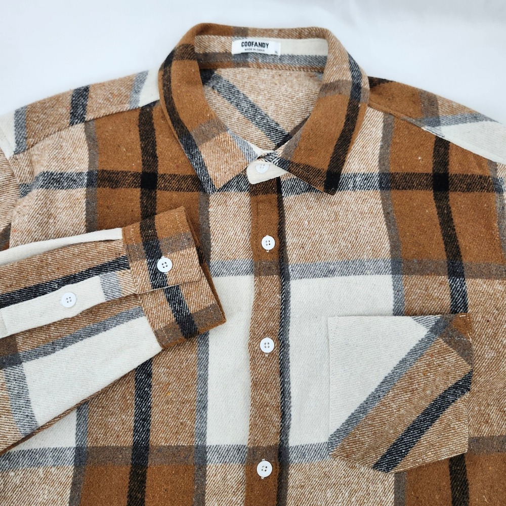 Coofandy Brown Plaid Flannel Shirt Mens XL Rugged‎ Outdoor Streetwear Workwear